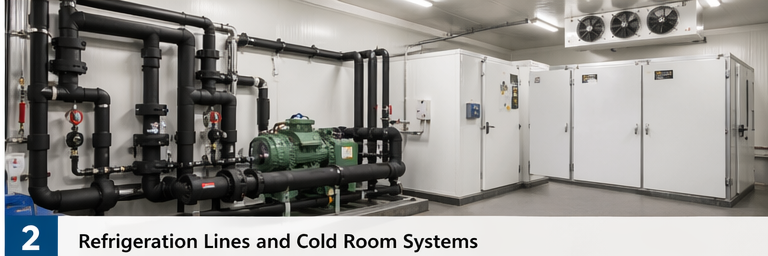Refrigeration lines, cold rooms, and freezer systems