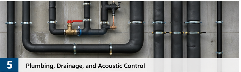 Plumbing, drainage, and acoustic control